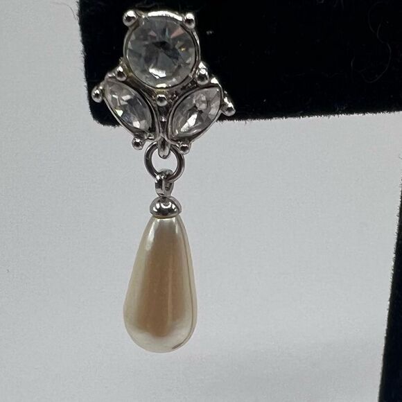 Monet Dainty Faux Pearl Drop Earrings with Stone Cluster Post - Picture 4 of 6